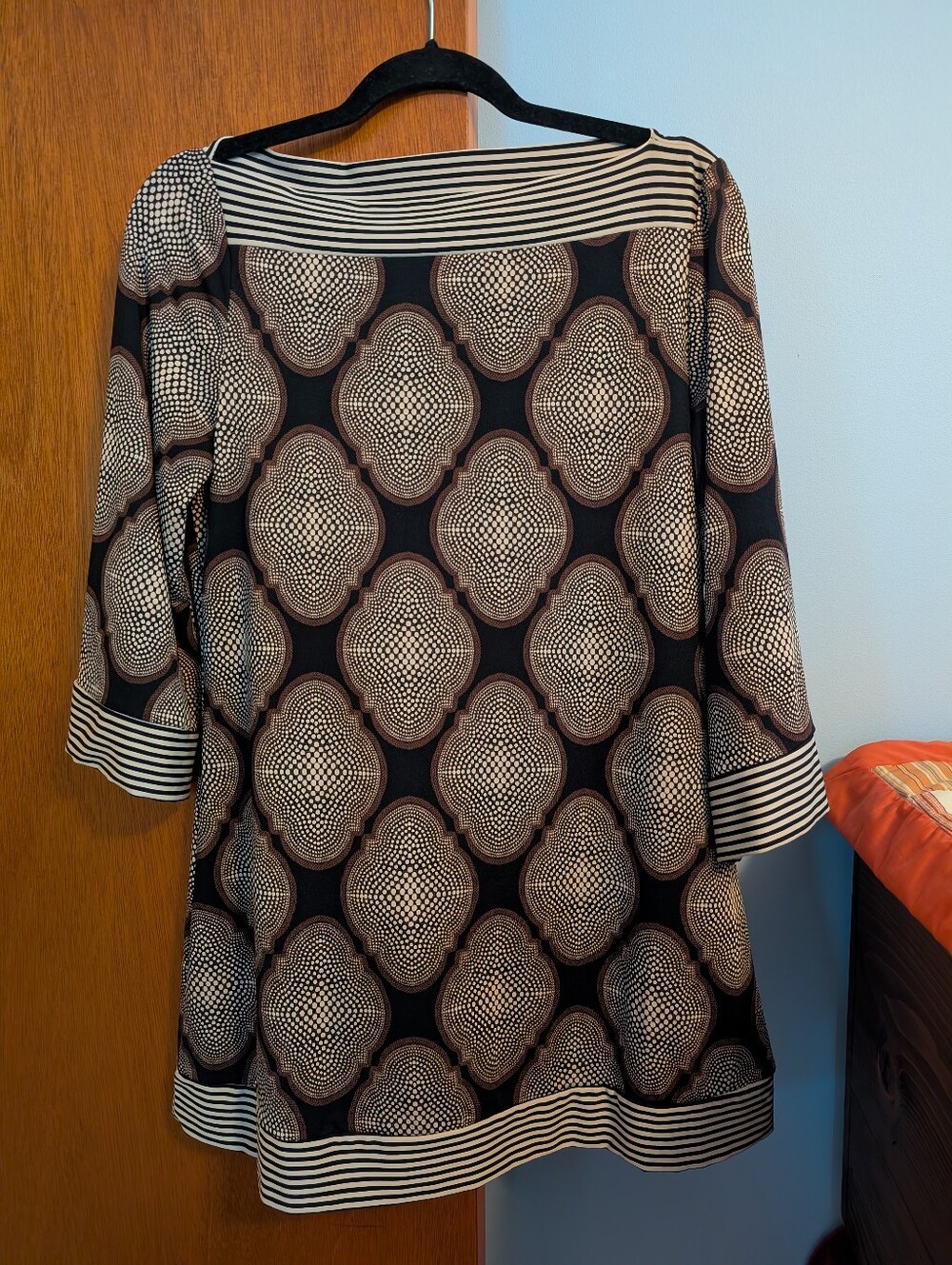 New Directions Women's Black Brown Cream Patterned Tunic Top Size L 3/4 Sleeve